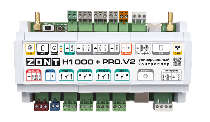 Универсальный 4G LTE / Wi-Fi / Etherrnet контроллер ZONT H1000+ Pro.V2 Универсальный 4G LTE / Wi-Fi / Etherrnet контроллер ZONT H1000+ Pro.V2